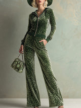 Retro Elegant Green Leopard Print Hooded Velvet Jumpsuit