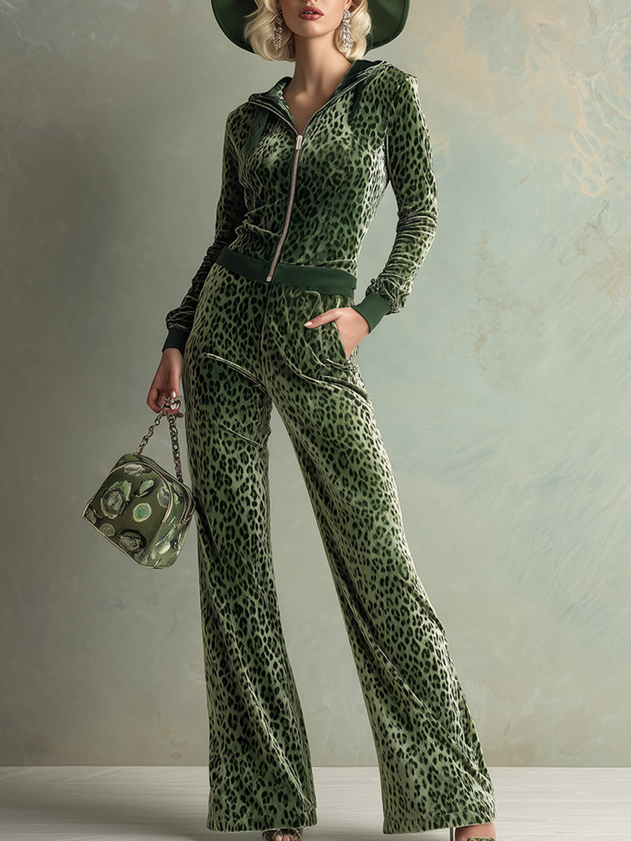 Retro Elegant Green Leopard Print Hooded Velvet Jumpsuit