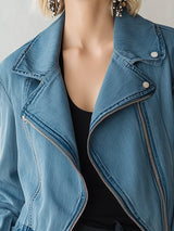 Casual And Stylish Collared Zip-up Blue Denim Jacket