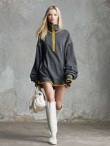 Sporty Color-block Half-zip Neckline Long-sleeved Mini Dress