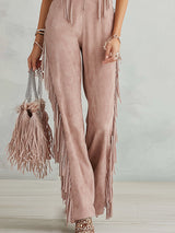 Retro Western-style Dusty Pink Faux Suede Fringe Jumpsuit