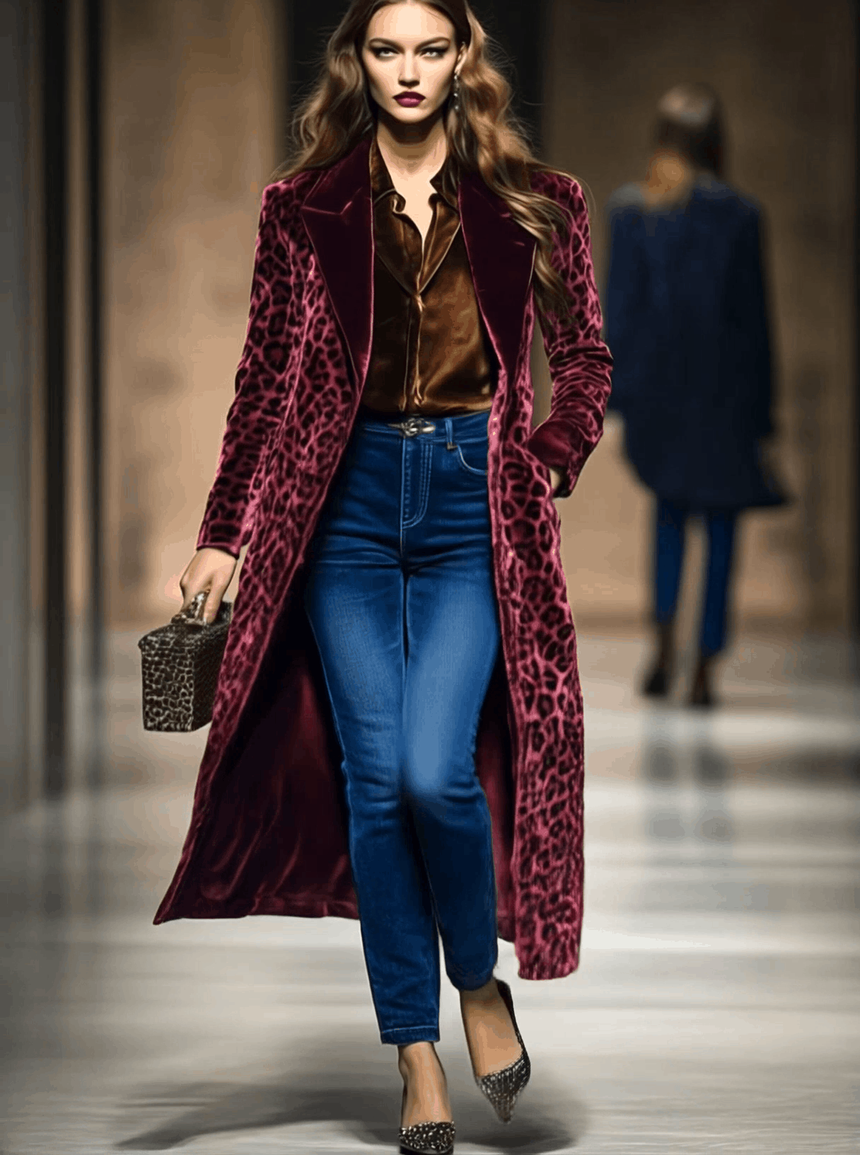 Casual Loose Vintage Velvet Leopard Print Colorblock Lapel Coat
