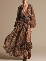Vacation Retro V-neck Leopard Print Brown Chiffon Long Sleeve Maxi Dress