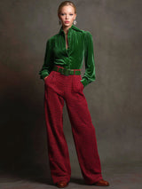 Retro Green Velvet Pleated Long-sleeved Shirt And Houndstooth Wide-leg Pants Set