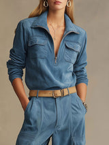 Western Retro Blue Faux Suede Half-Zip Top And Wide-Leg Cargo Pants Set