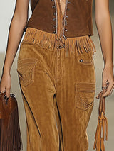 【24-hour shipping out】Casual Loose Vintage Caramel Suede Rivet Tassel Wide Leg Pants