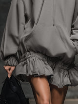 Casual And Fashionable Hooded Elastic Hem Gray Sweatshirt Mini Dress