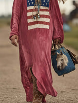 Vintage Casual Western Long Sleeve Flag Print Pink Cotton Loose Maxi Dress