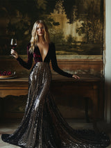 【24-hour shipping out】V-Neck Stylish Elegant Solid Color Velvet Sequined Long Maxi Dress