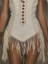 【24-hour shipping out】Elegant Western Chic Round Neck White Tassel Mini Dress