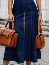 【24-hour shipping out】Casual Loose Fit Crew Neck Front Zipper Dark Blue Denim Maxi Dress