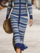 Stylish And Casual Button-down Blue Striped Knit Midi Dress