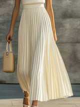 Elegant Casual And Comfortable Cream Knitted Chiffon Pleated Hem Maxi Dress