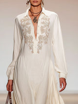 Lapel Half-open Button Cotton Linen Embroidered Long-sleeved Maxi Dress