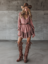 Western-style Ruffled Neckline Checkered Chiffon Hem Pink Faux Suede Mini Dress