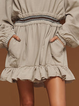 Sporty Retro Light Gray Half-zip Ruffle Long-sleeved Mini Dress