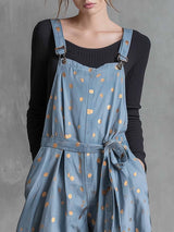 Vintage Fashion Waist TieGold Polka Dots Light Blue Denim Jumpsuit Overalls