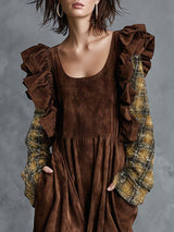 Elegant Vintage Bubble Hem Distressed Plaid Sleeves Brown Suede Midi Dress