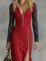 V-neck Zip-up Side-slit Lace-paneled Long-sleeved Maxi Dress