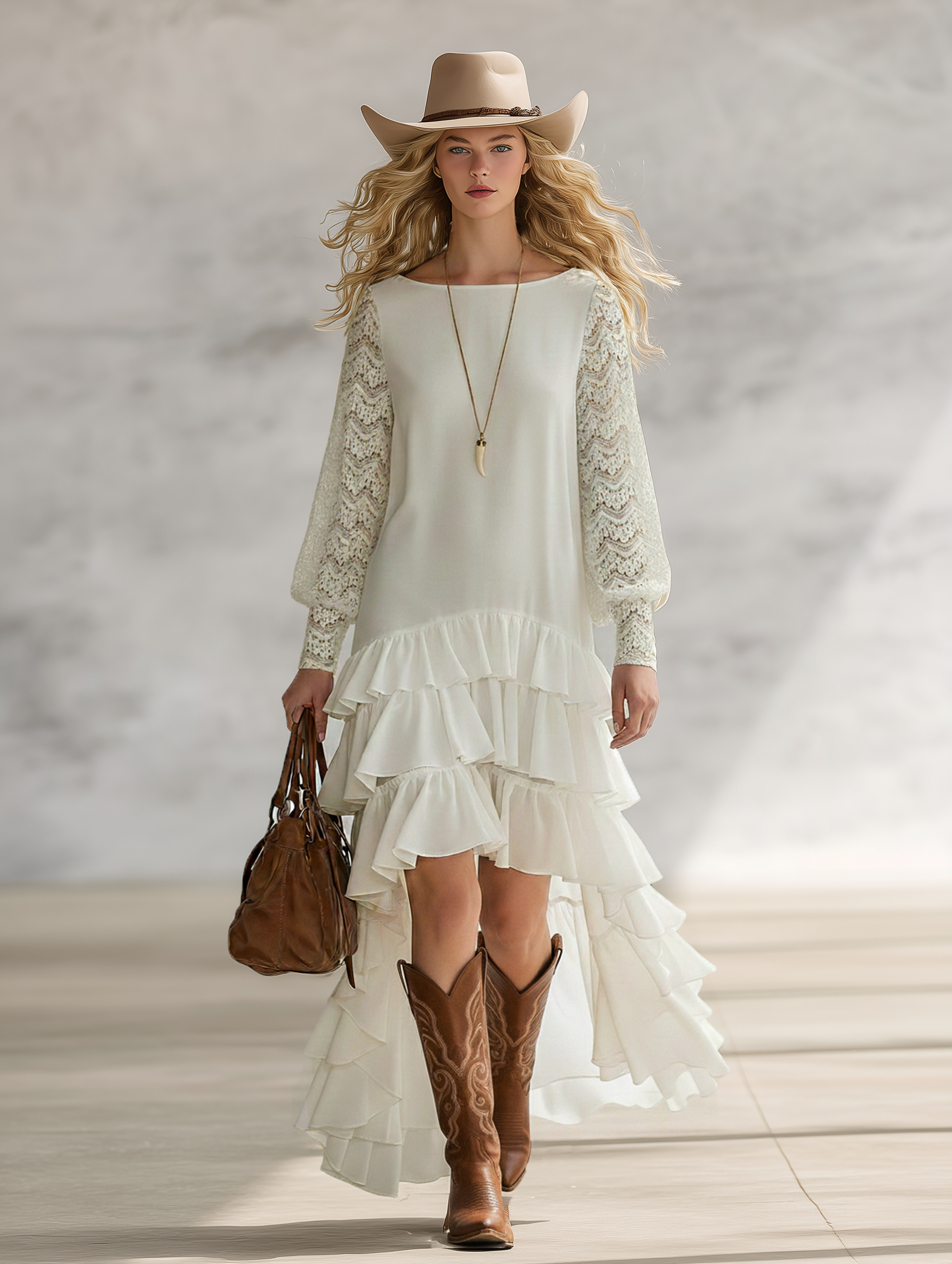 Romantic Bohemian Style Velvet-feel Lace Long-sleeved Irregular Ruffled Hem White Chiffon Maxi Dress
