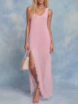Elegant Comfortable Vintage Sleeveless Slits Lace Trim Light Pink Lightweight Knitted Maxi Dress