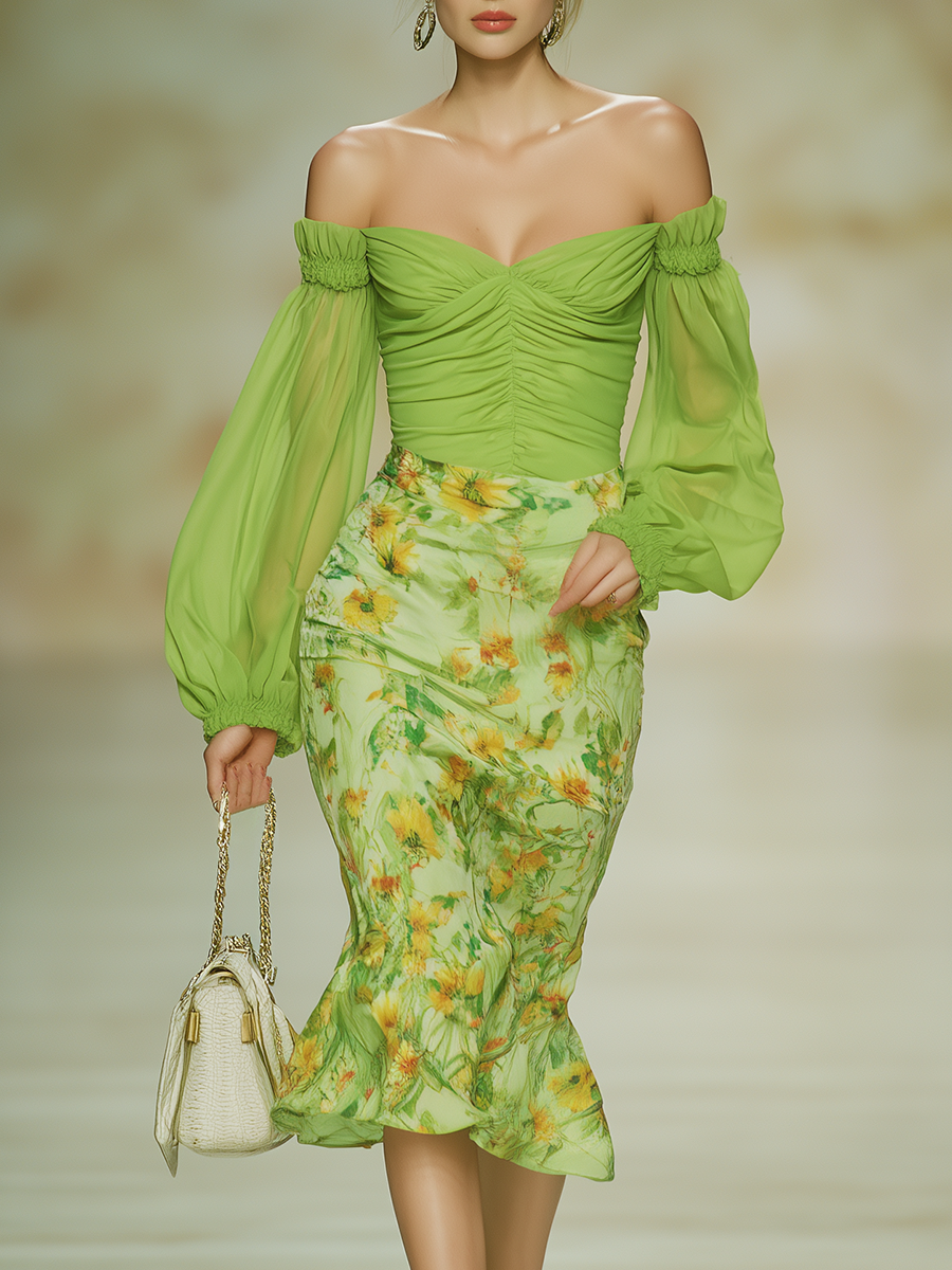 Lazy And Stylish Off-the-shoulder Long-sleeved Chiffon Midi Dress