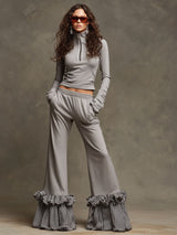 Fashionable Sporty Grey Half-zip Top With Plaid Ruffled Flared Pants Set