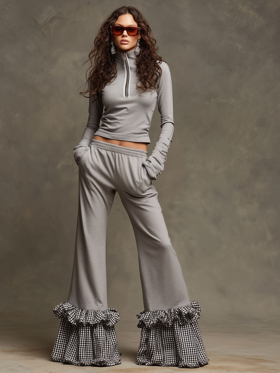 Fashionable Sporty Grey Half-zip Top With Plaid Ruffled Flared Pants Set