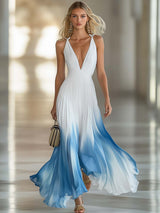 【24-hour shipping out】Elegant And Flowing V-Neck Pleated Chiffon Blue Gradient White Maxi Dress