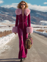 Fashion Retro Rose Red Velvet Faux Fur Collar Long Sleeve Flared Jumpsuit