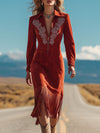 Western Retro Red Faux Suede Embroidered Long-Sleeved Tassel Midi Dress