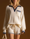 Casual And Stylish White Knitted Long-sleeved Top And Shorts Set