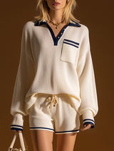 Casual And Stylish White Knitted Long-sleeved Top And Shorts Set