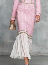 Elegant Round Neck Gold Trim Tweed Midi Dress