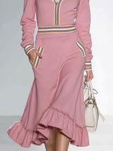 Fashionable And Casual Ruffled Hem Pink V-neck Midi Dress