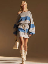 Sporty Retro-style One-shoulder Gray And Blue Color-blocked Striped Skirt Set