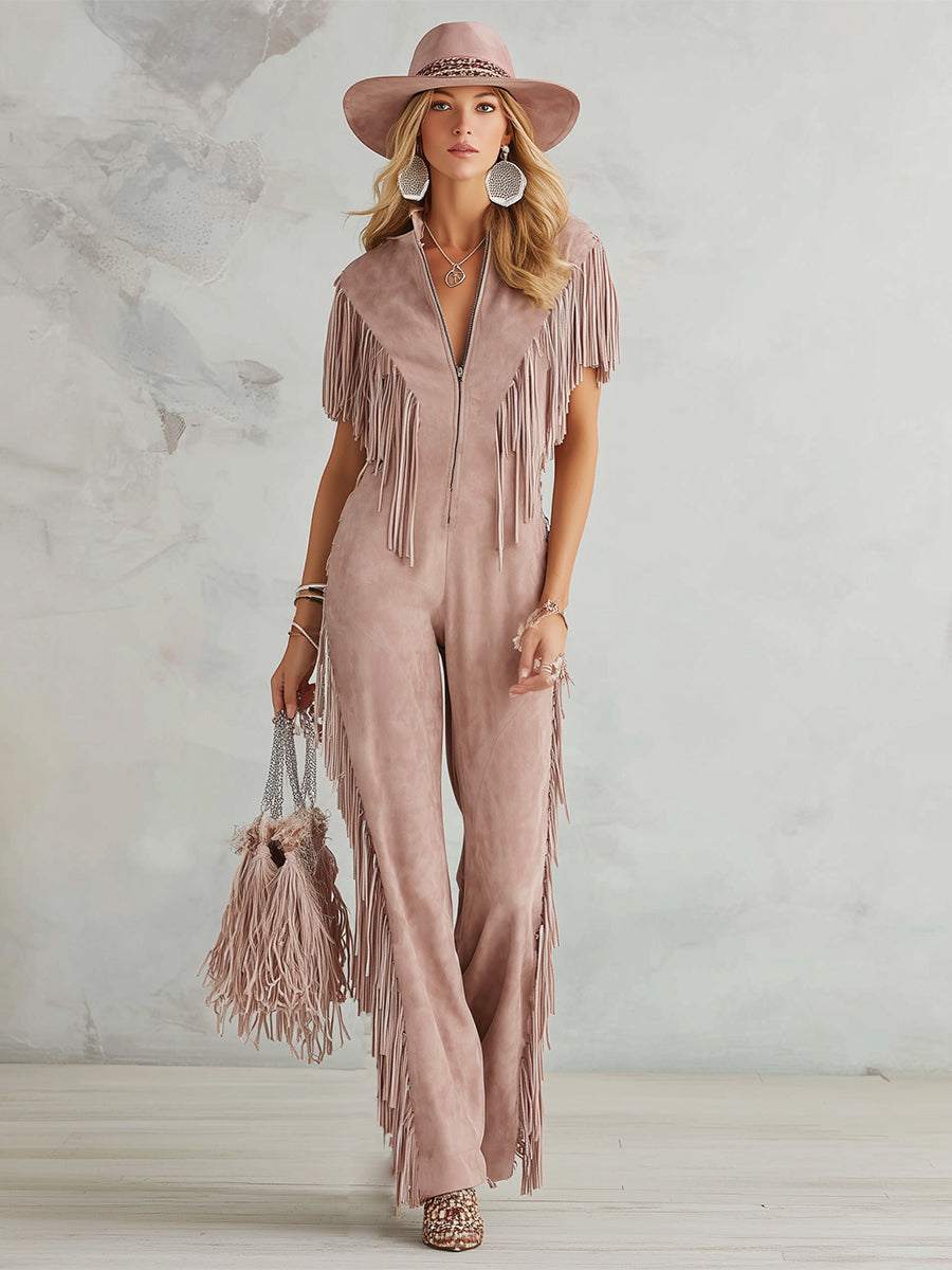 Retro Western-style Dusty Pink Faux Suede Fringe Jumpsuit