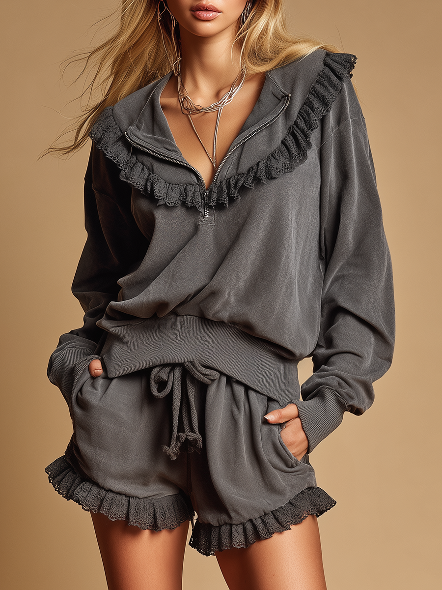 Retro Sporty Ruffled Top And Shorts Set