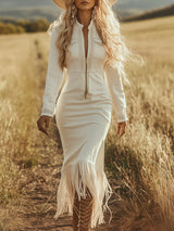 Vintage Western Cowboy Off-White Faux Denim Half-Zip Tassel Long-Sleeved Maxi Dress
