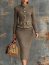 Vintage Herringbone Gold Trim Stand Collar Jacket And Skirt Set