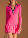Sporty Black And White Collared Pink Cotton Mini Dress