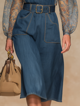 Retro-style Suspenders Denim Midi Skirt