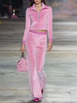 Stylish Pink Corduroy Patchwork Plaid Top And Long Pants Set