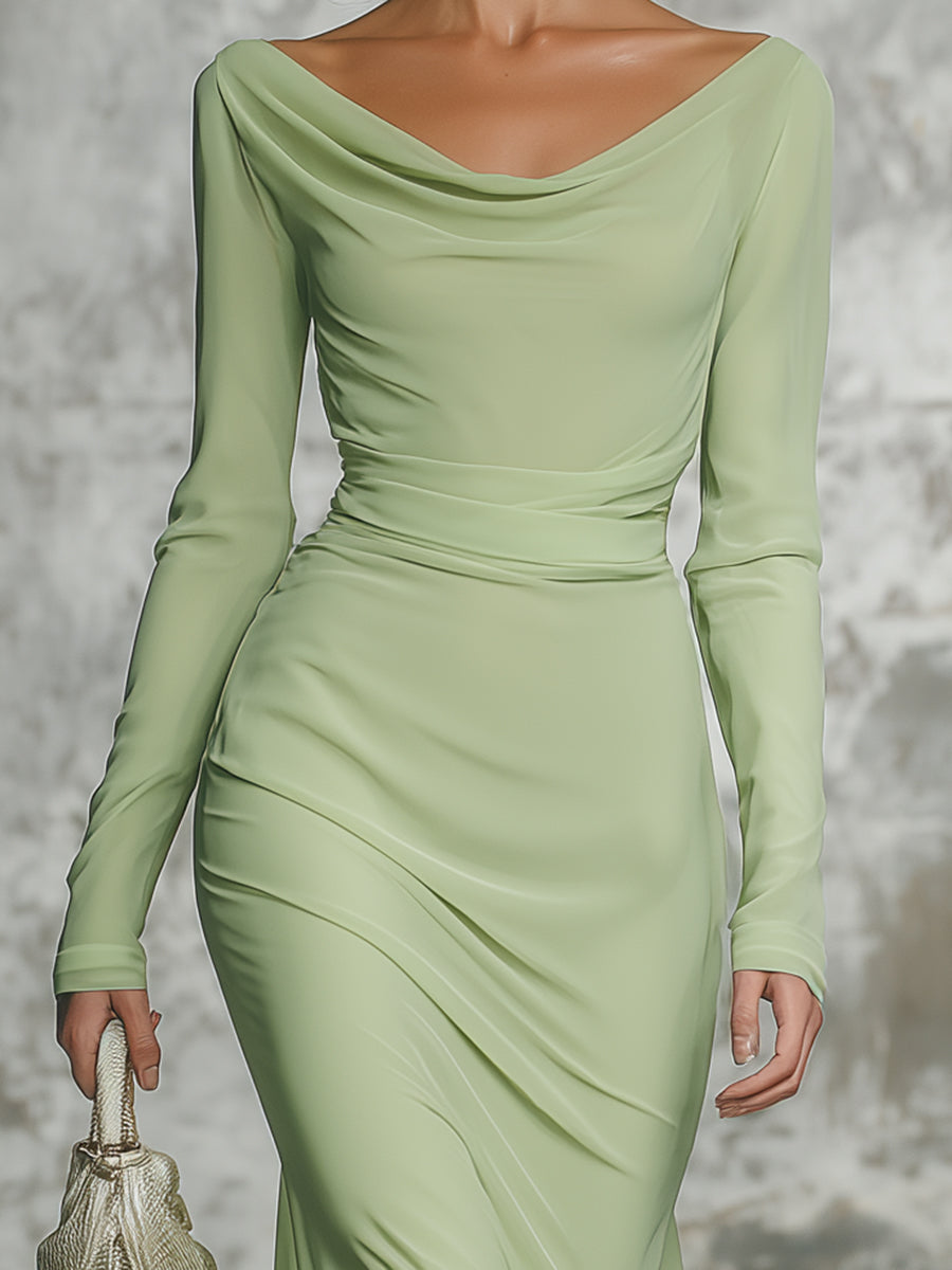 Elegant Green Chiffon Fishtail Maxi Dress