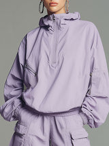Sporty Retro Light Purple Outdoor Hooded Sun Protection Shirt And Shorts Set