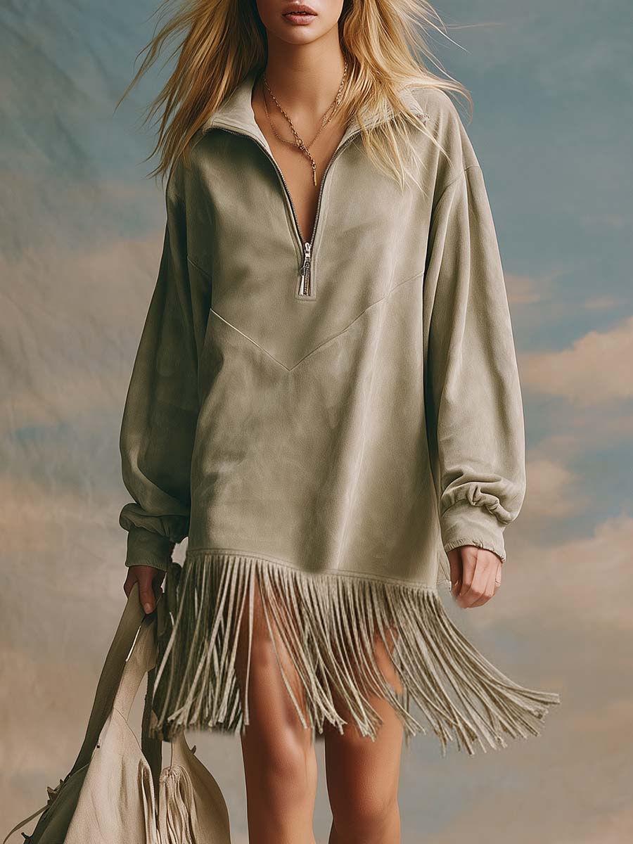 Vintage Fashion Western Lapel Front Zipper Tassel Hem Sage Green Suede Sports Mini Dress