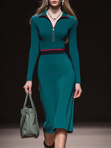 Casual Sporty Blue Collared Zip-up Midi Dress