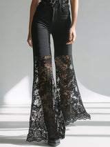Elegant And Sophisticated Black Cotton Patchwork Lace Wide-leg Pants