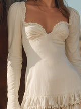 Western-style White Cotton And Linen Mini Dress With Ruffled Long Sleeves.