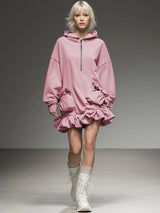 Casual Sporty Light Pink Hooded Loose Ruffle Mini Dress